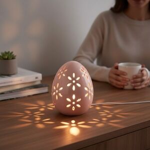 Festive Voice Ceramic Egg Light Up Small Pink New 1pc Floral Cutout